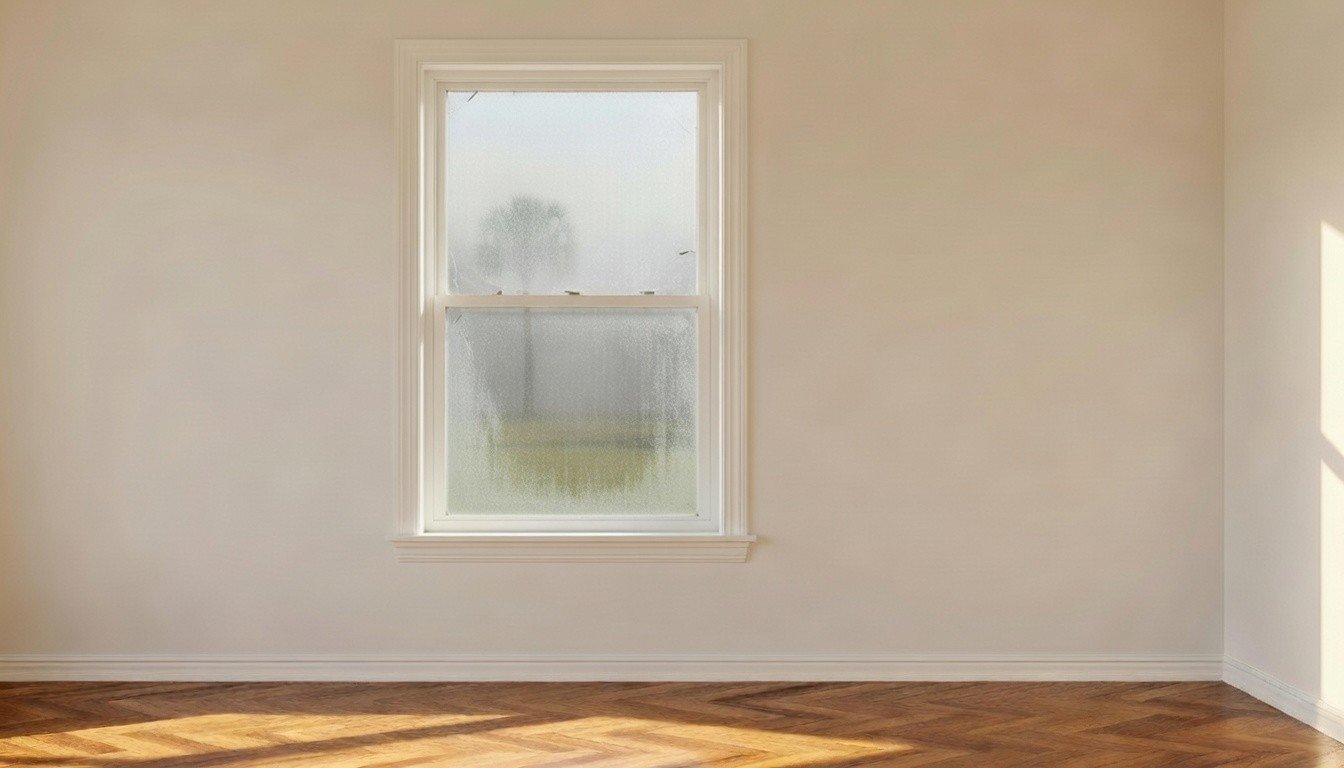 Cloudy window glass with clean interior trim